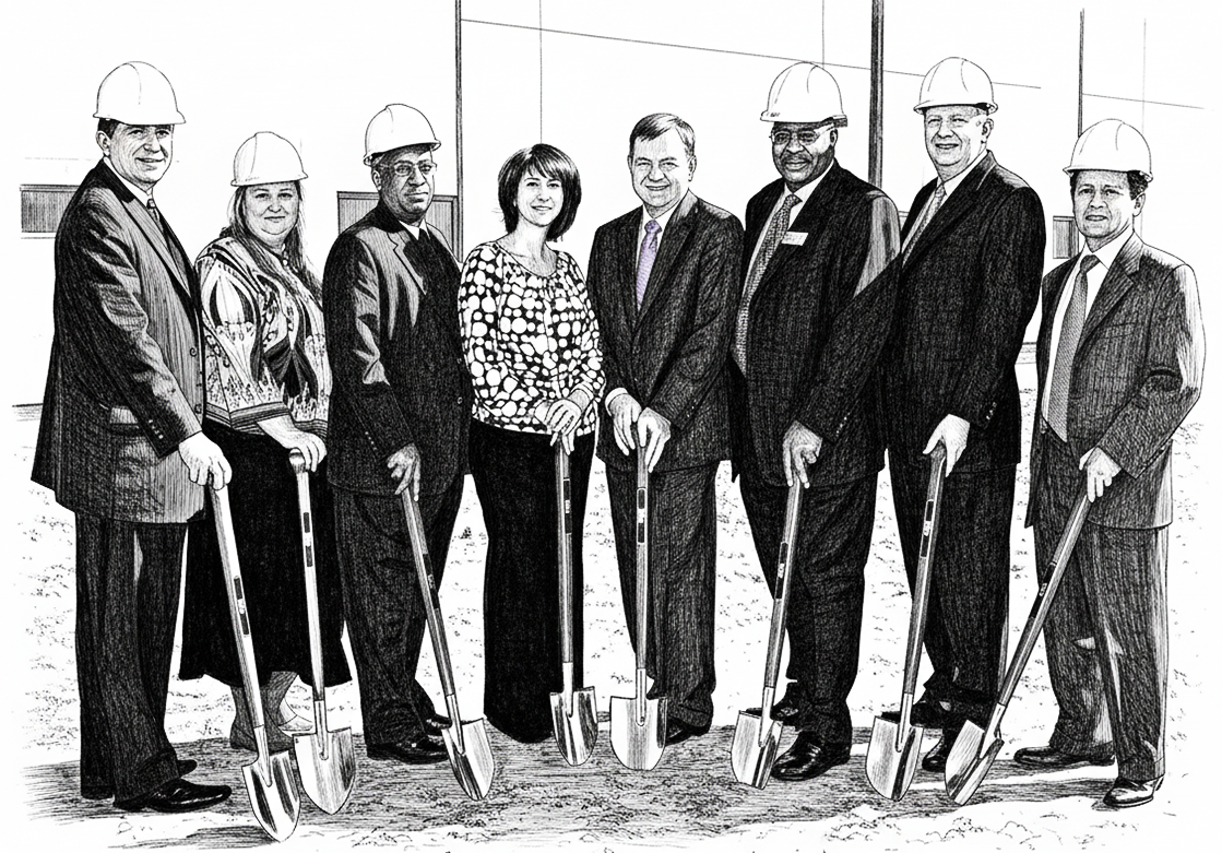 Illustrated image of 8 members of the Engelstad foundation posing for a group photo
